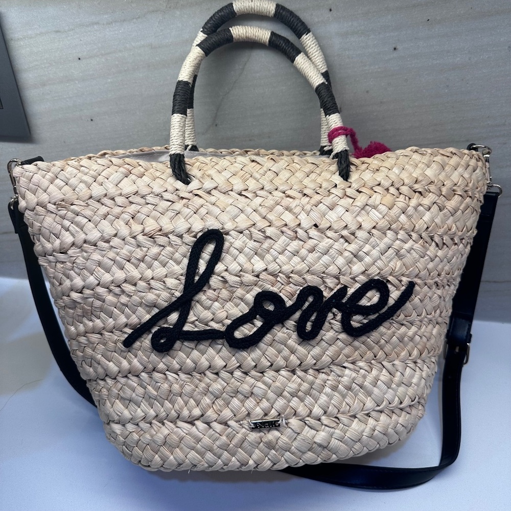 Woven Straw Tote Bag with "Love" Script - Beige/Black